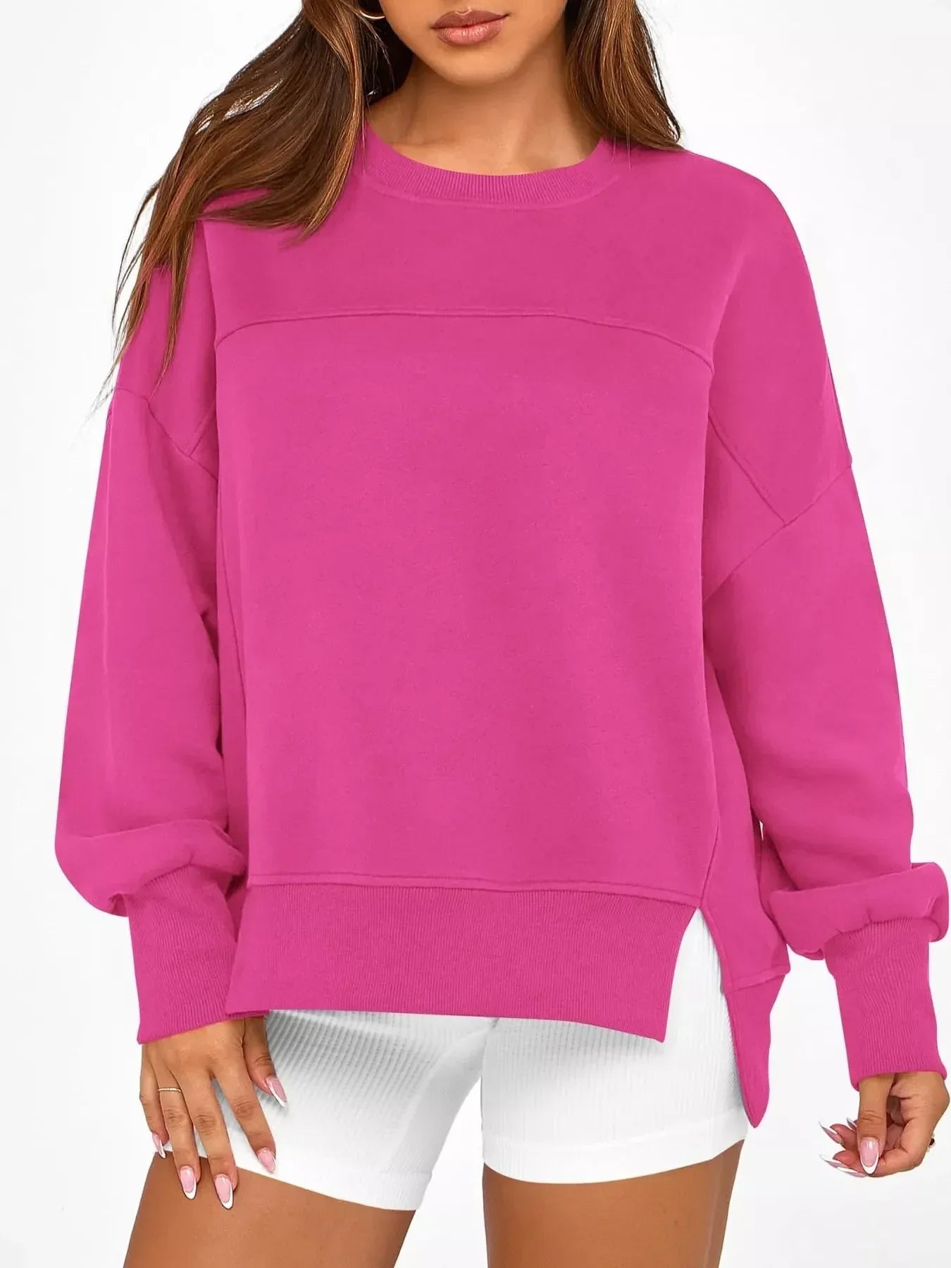 Slit Round Neck Dropped Shoulder Sweatshirt - DAVERRI FASHIONS