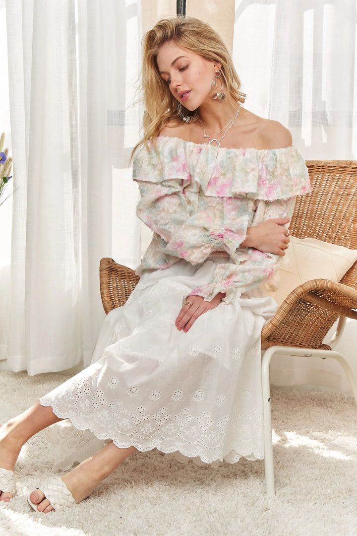 ADORA Ruffled Off Shoulder Floral Blouse Tops