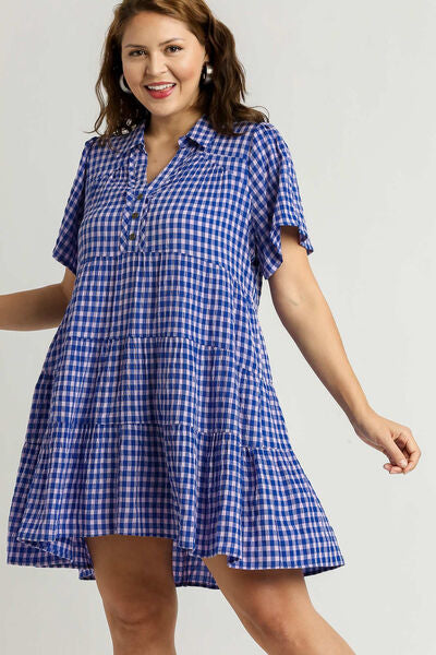 Umgee Full Size Gingham Tiered Button Detail Short Sleeve Dress Plus Size