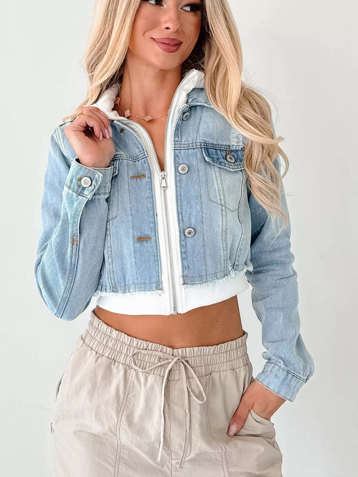 Distressed Zip Up Cropped Hooded Denim Jacket | Denim Jackets Daverri Fashions
