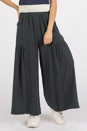 Mittoshop Gauze Elastic Waist Pleated Wide Leg Pants Black