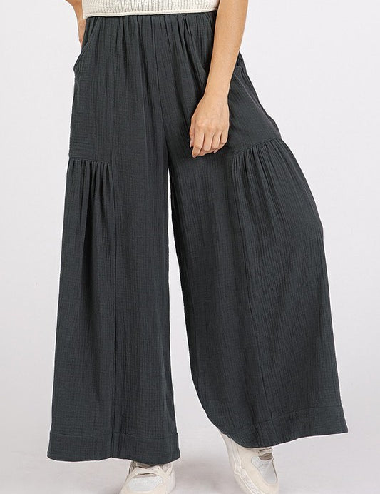 Mittoshop Gauze Elastic Waist Pleated Wide Leg Pants Black