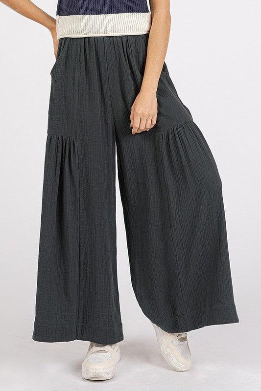 Mittoshop Gauze Elastic Waist Pleated Wide Leg Pants Black L Pants