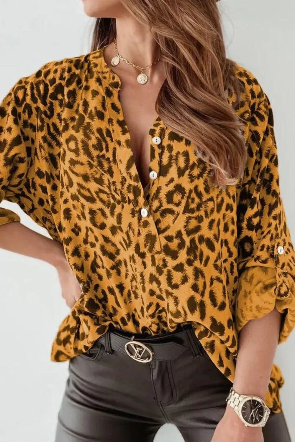 Leopard Button Detail Notched Long Sleeve Blouse - DAVERRI FASHIONS