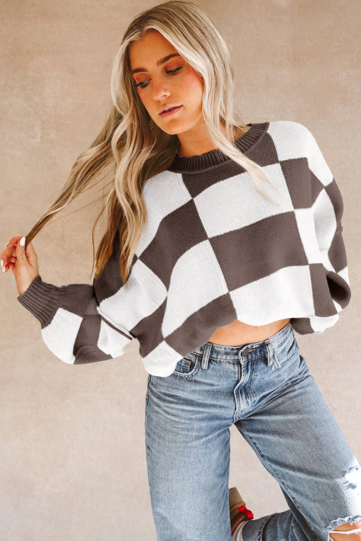 Checkered Bishop Sleeve Sweater | Sweaters Daverri Fashions