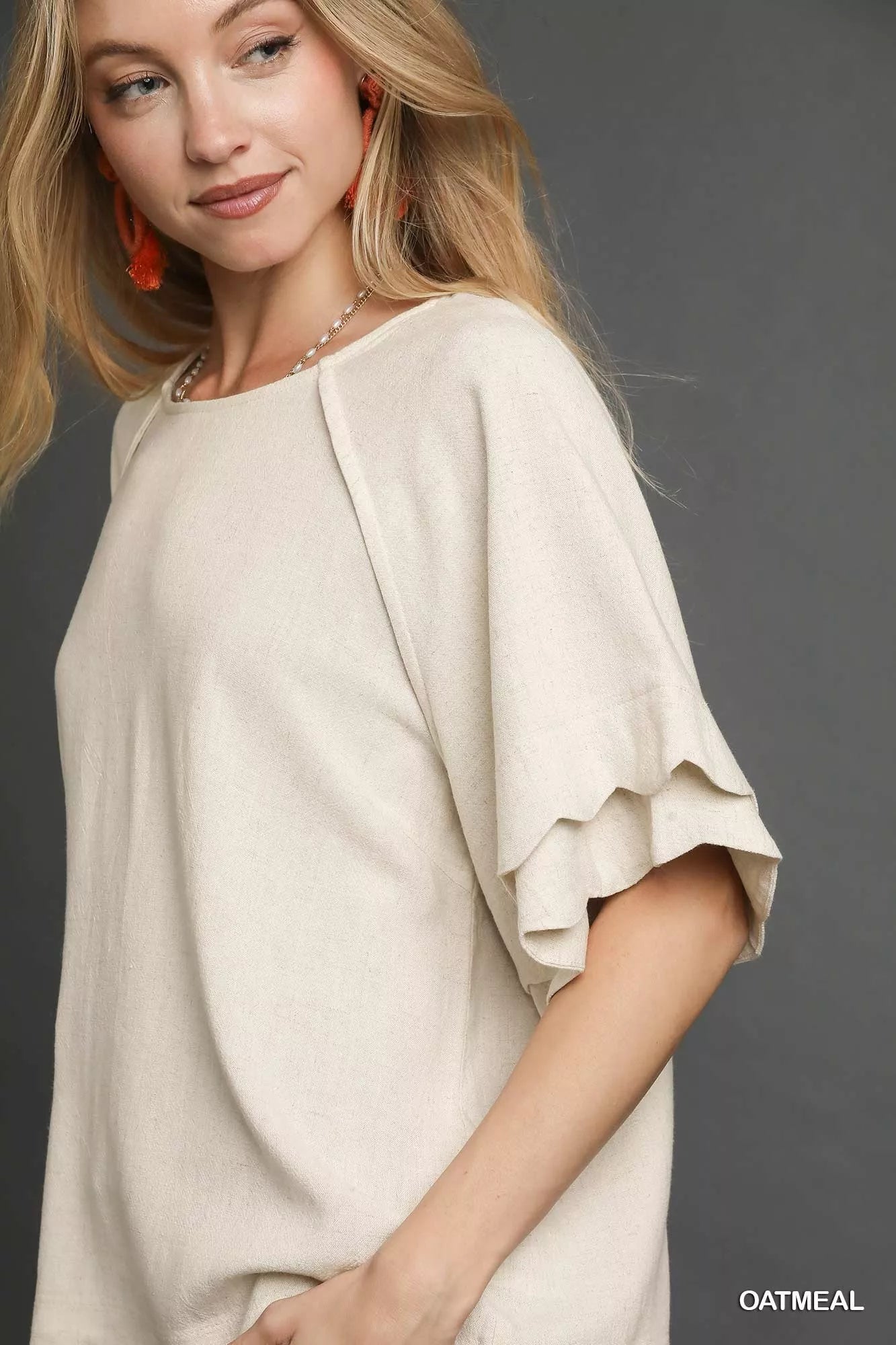 Umgee Linen Scallop Sleeve Boho Top in oatmeal with ruffle sleeves