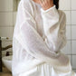 Boat neck dropped shoulder soft off-white knit sweater with texture