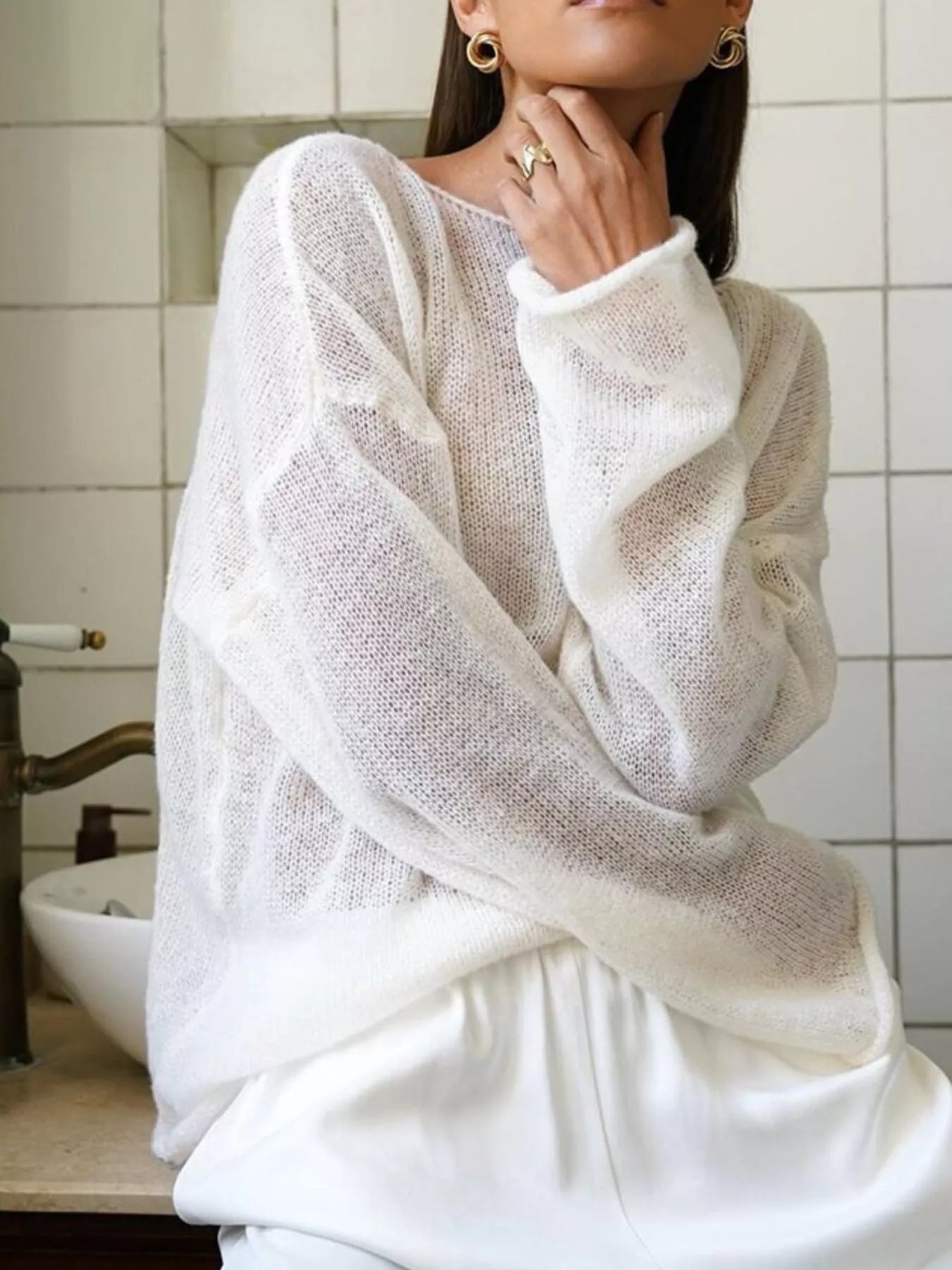 Boat neck dropped shoulder soft off-white knit sweater with texture