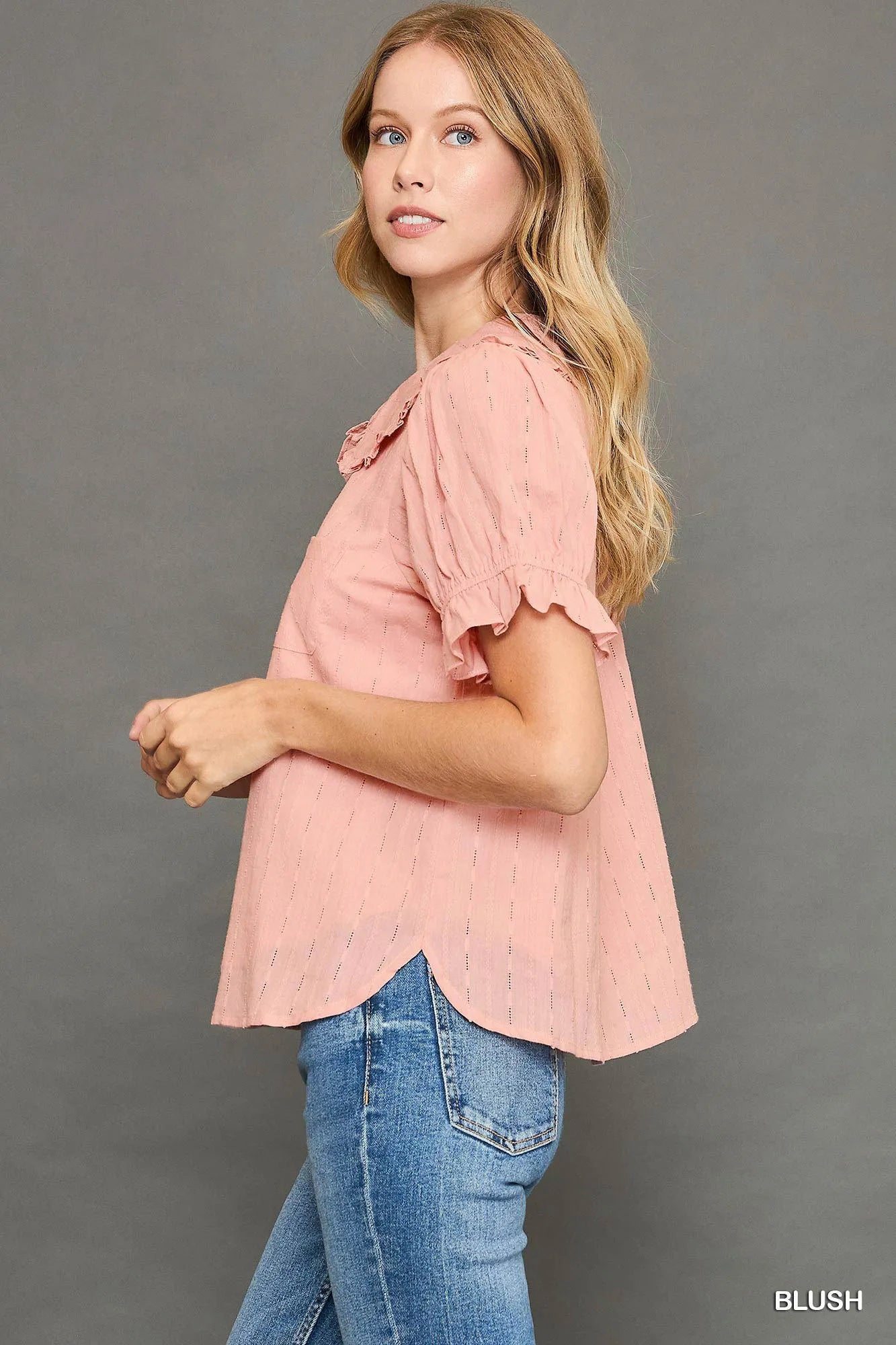 Blush Peter Pan collared blouse with ruffled sleeves and dotted texture
