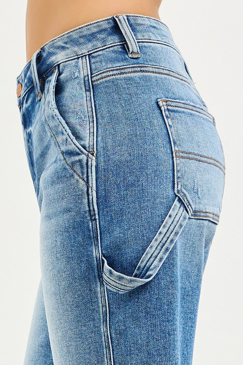 Back view of RISEN High Rise Bermuda light-wash blue denim with cargo strap detail