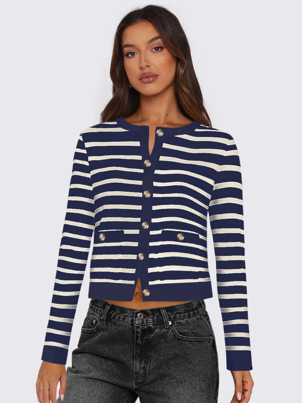 Navy Striped Round Neck Button Up Long Sleeve Cardigan | Cardigans Daverri Fashions