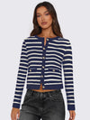 Striped Round Neck Button Up Long Sleeve Cardigan - DAVERRI FASHIONS