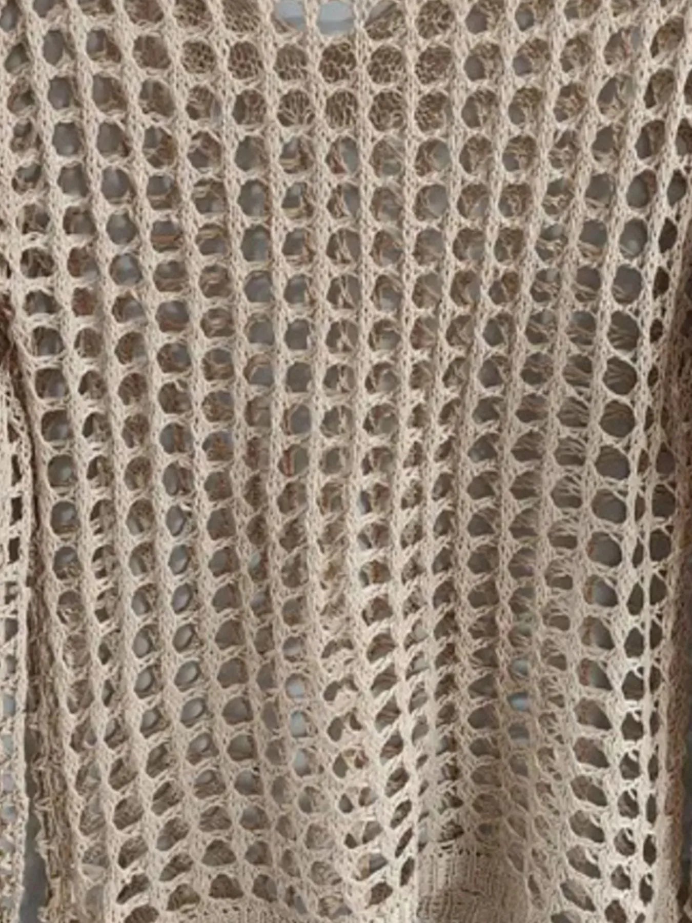 Beige crochet openwork long sleeve knit cover up sweater back view