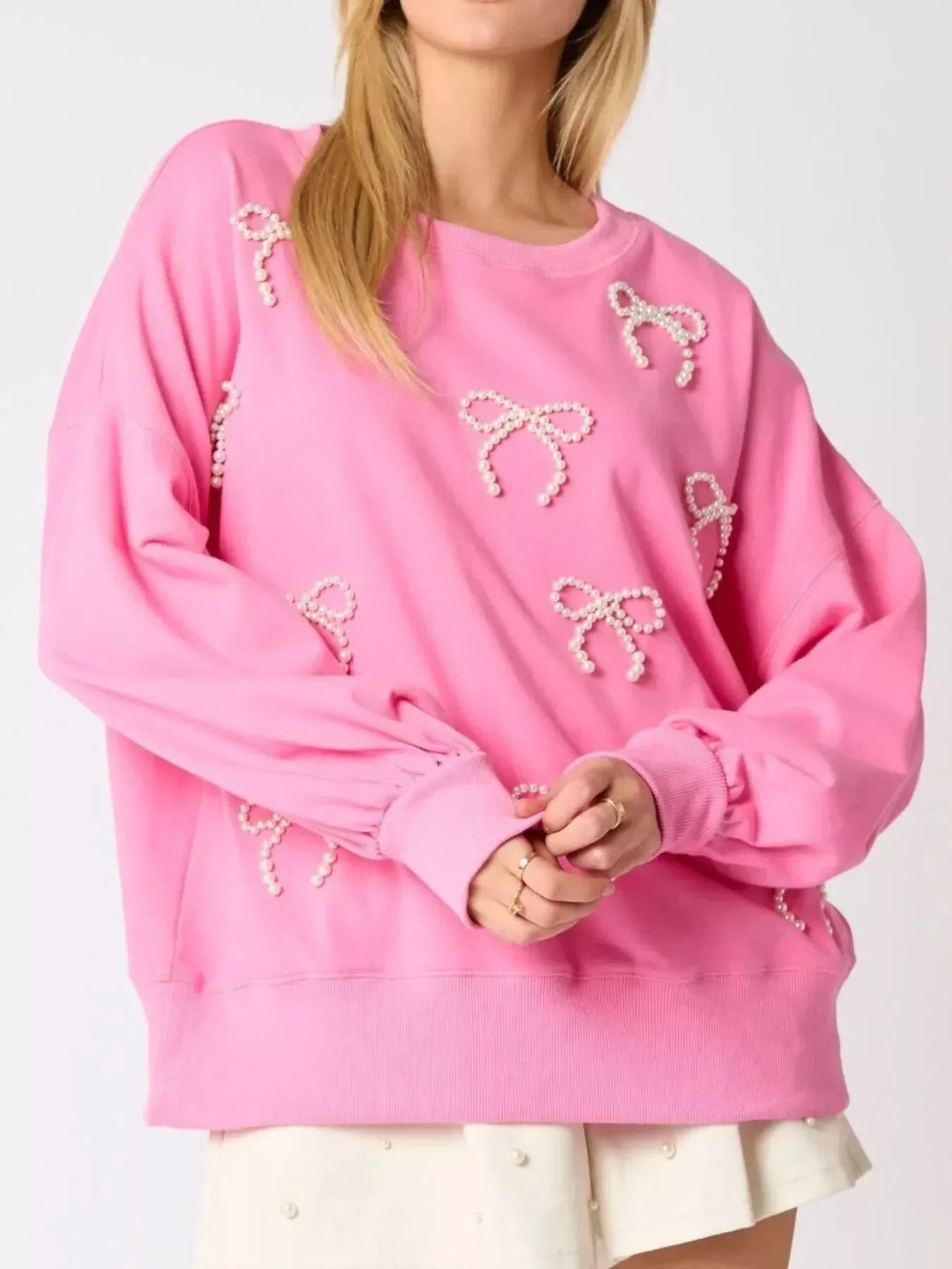 Pearl Embellished Bow Long Sleeve Sweatshirt - DAVERRI FASHIONS