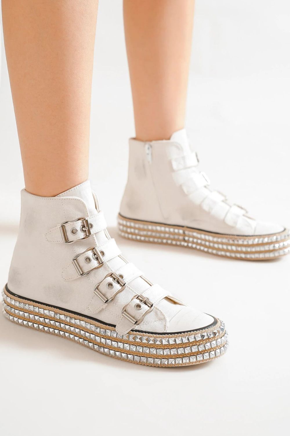 Beast Fashion Multi-Buckle Straps Studded Platform Sneakers White Footwear