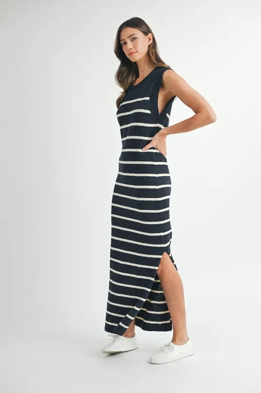 MABLE Sleeveless Stripe Sweater Maxi Side Slit Dress