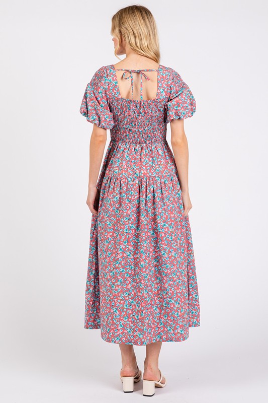 Mittoshop Smocked Floral Square Neck Puff Sleeve Midi Dress