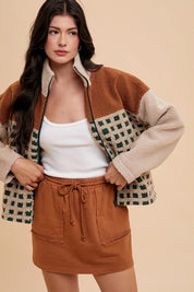 Annie Wear Plaid Zip Up Drop Shoulder Sherpa Jacket Tops