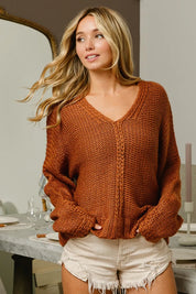 Cinnamon BiBi V-Neck Cable Knit Sweater | Sweaters Daverri Fashions