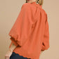 Umgee Textured Notched Balloon Sleeve Blouse with Scalloped Hem - DAVERRI FASHIONS