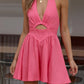 Daverri cutout halter neck mini dress in vibrant pink with ruched bodice