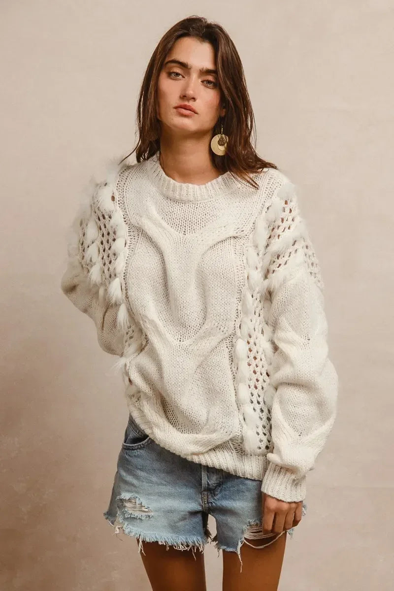 BiBi Faux Fur Detailed Pointelle Cable Knit Sweater - DAVERRI FASHIONS