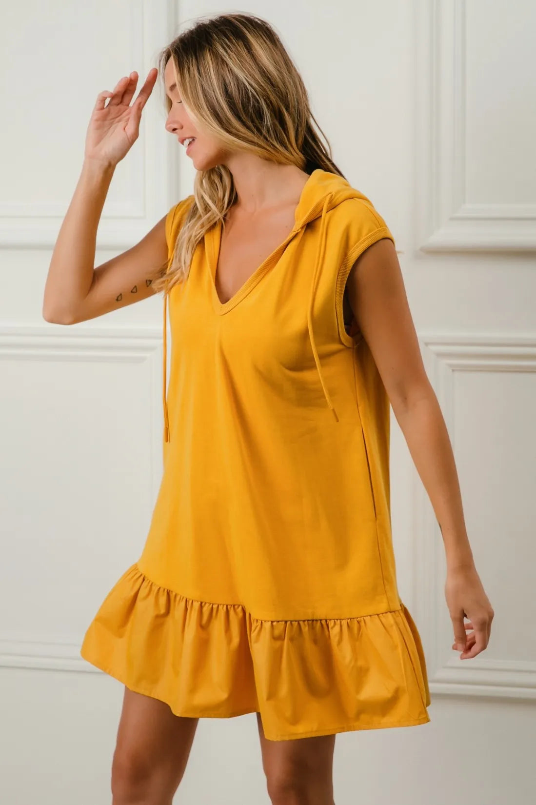 Vibrant yellow BiBi ruffled French terry hooded dress with v-neck and hem