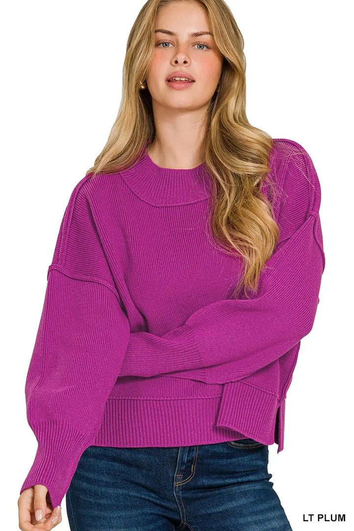 Zenana Wide Neck Band Drop Shoulder Sweater LT PLUM Sweaters