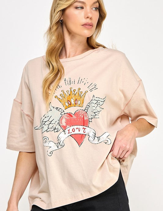 SAGE+FIG Love-Inpired Graphic Oversized T-Shirt Apricot