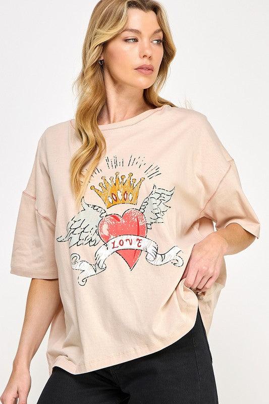 SAGE+FIG Love-Inpired Graphic Oversized T-Shirt Apricot L T-Shirts