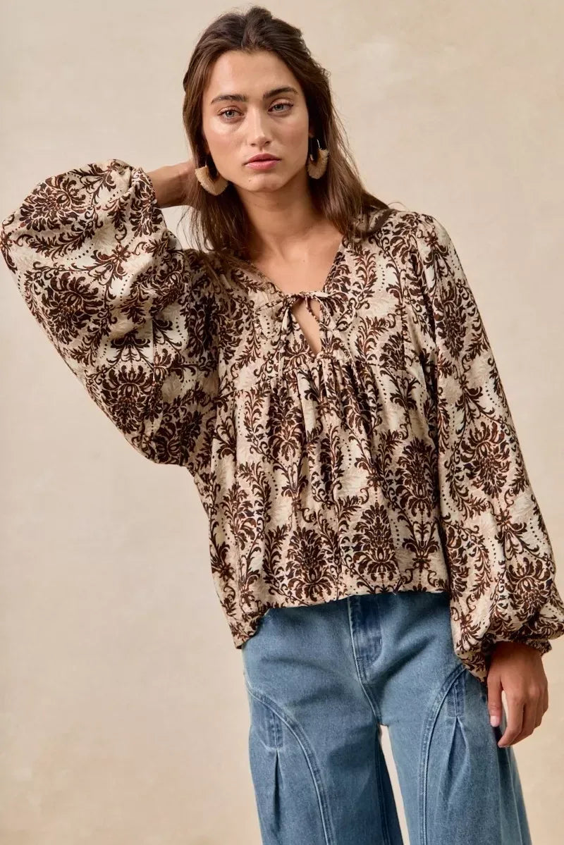 BiBi Printed Woven Front Tied Blouse with Baloon Sleeve - DAVERRI FASHIONS