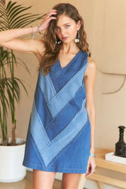 ADORA Chevron Color Block V-Neck Denim Dress Mini Dresses