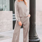 Taupe womens crewneck sweatshirt and sweatpants set with white stripes