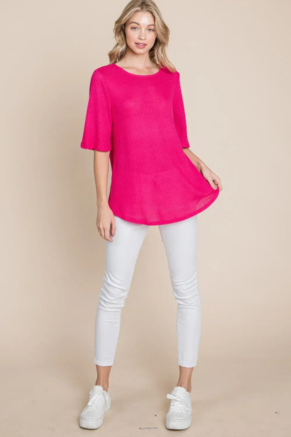 BOMBOM Round Neck Waffle Knit T-Shirt - DAVERRI FASHIONS