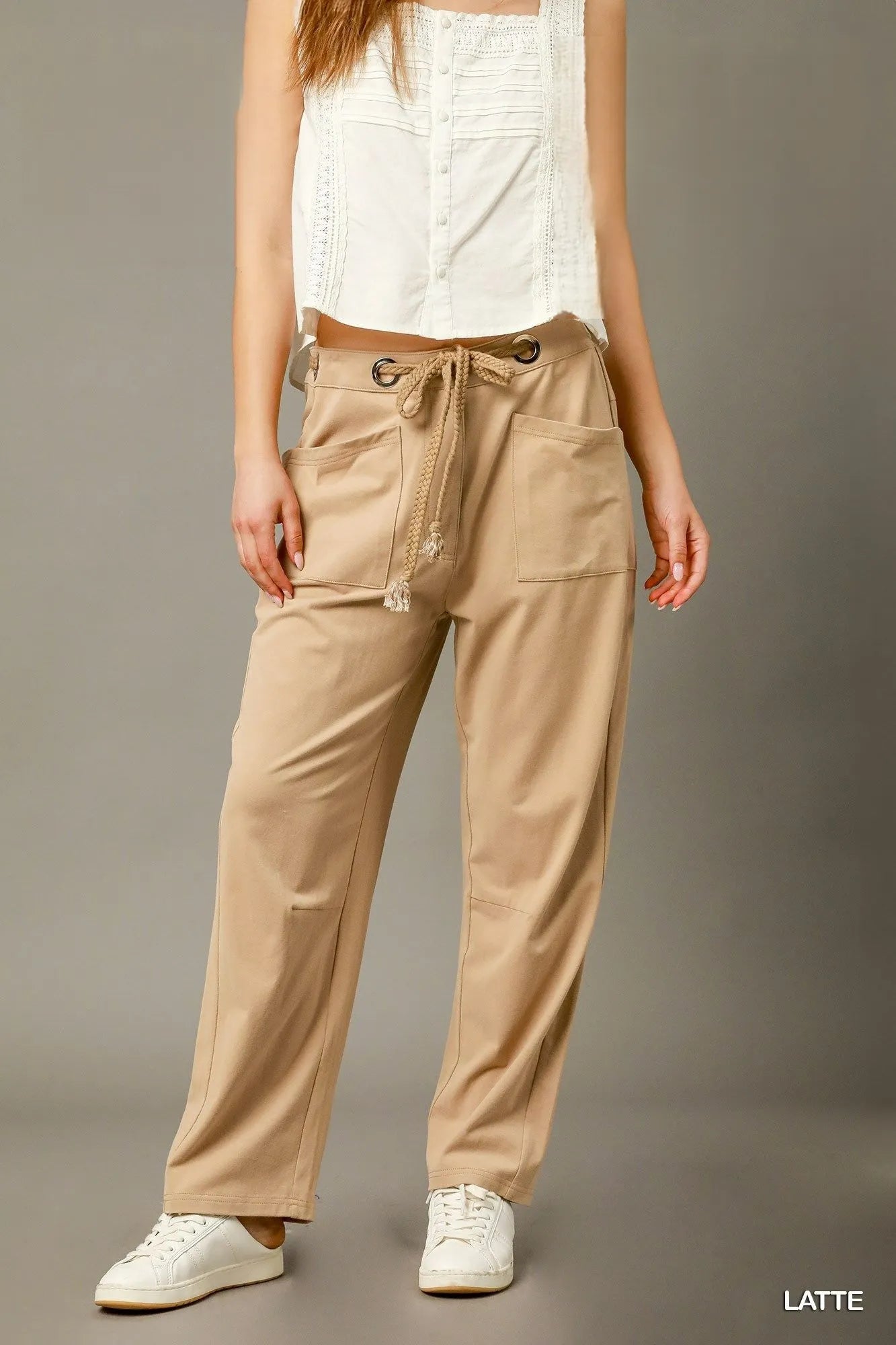 Umgee Cargo-Inspired Drawstring Pants LATTE Cargo Pants