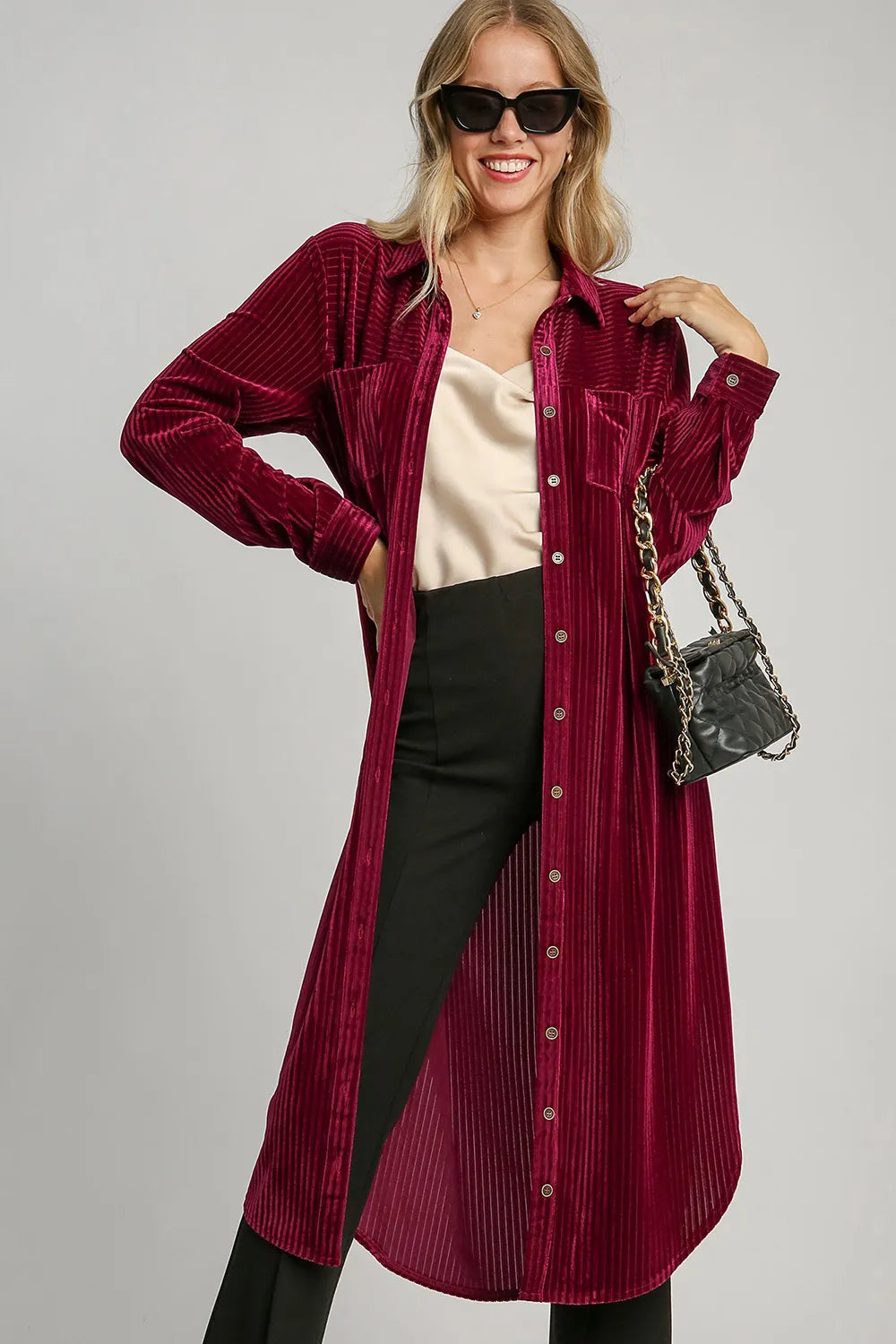 Umgee Texture Curved Hem Button Down Shirt Dress Midi Dresses