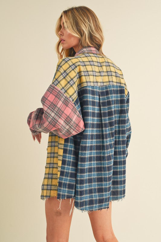 Aemi + Co Frayed Hem Color Block Plaid Drop Shoulder Shirt