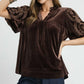 Umgee Full Size Velvet Embroidered Sleeve Blouse Plus Size Brown