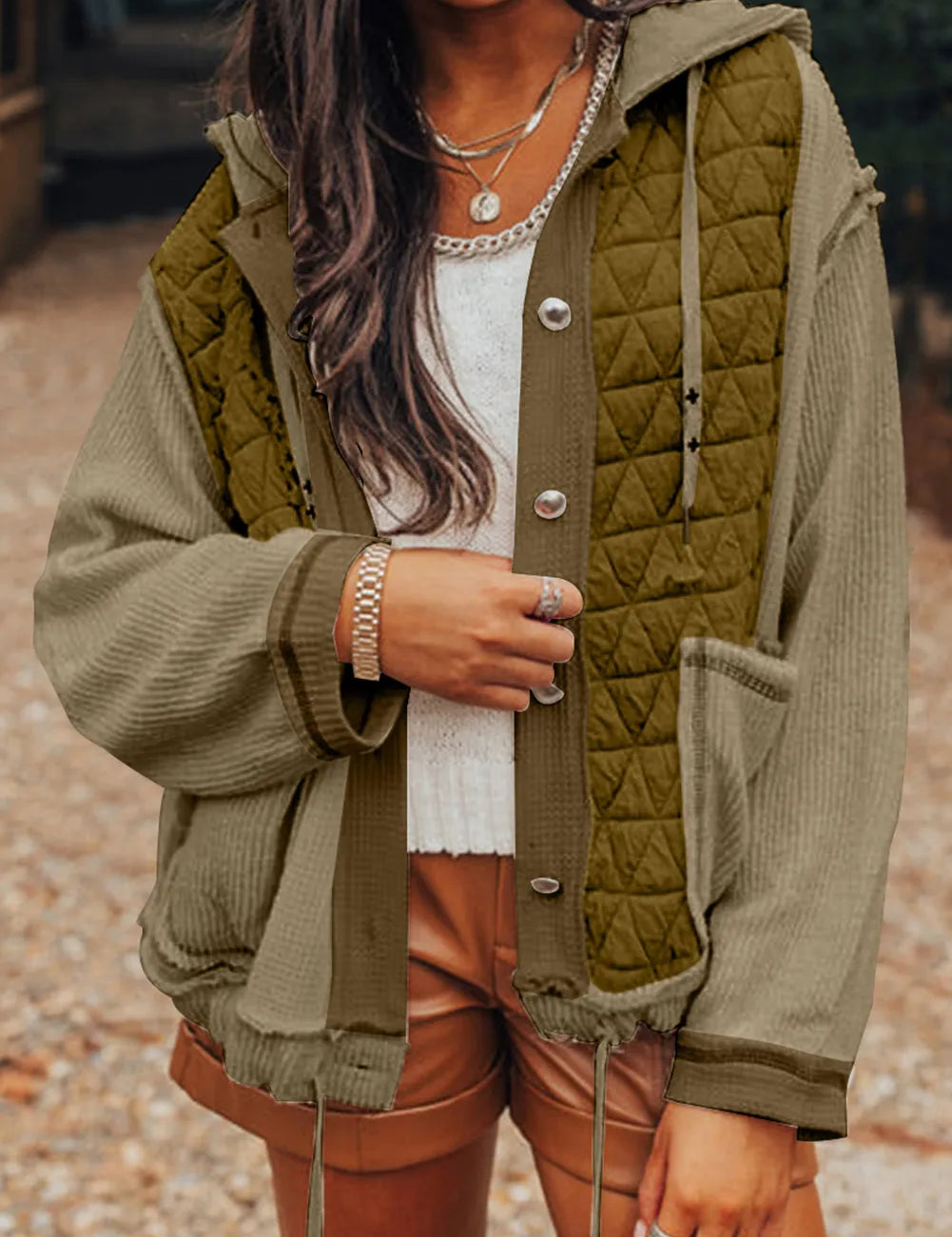Olive Drawstring Color Block Long Sleeve Jacket | Jackets Daverri Fashions