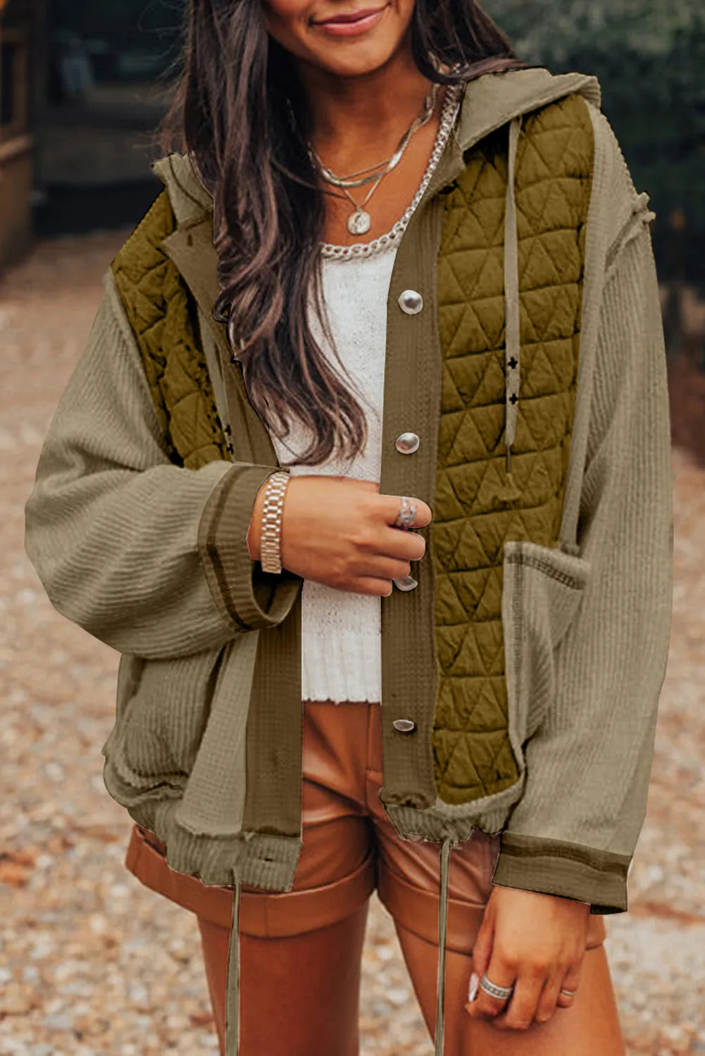 Olive Drawstring Color Block Long Sleeve Jacket | Jackets Daverri Fashions