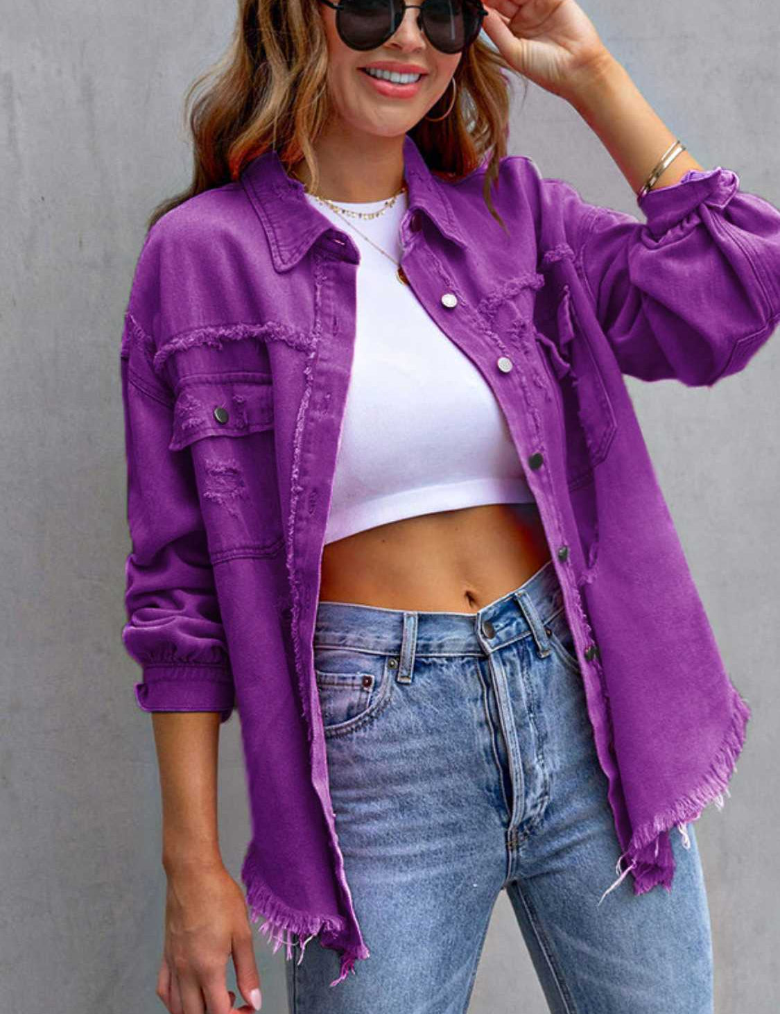 Distressed Drop Shoulder Denim Jacket | Denim Jackets Daverri Fashions
