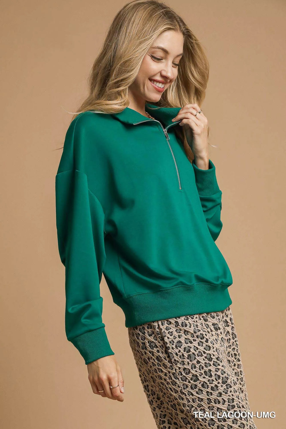 Umgee Half Zip Drop Shoulder Sweatshirt | Sweatshirts Daverri Fashions