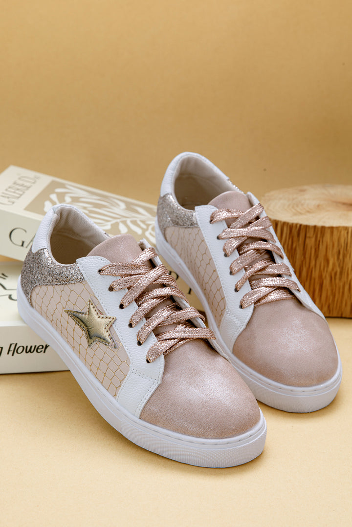 Gold Glitter Star Patchwork PU Leather Lace-up Sneakers | Sneakers Daverri Fashions