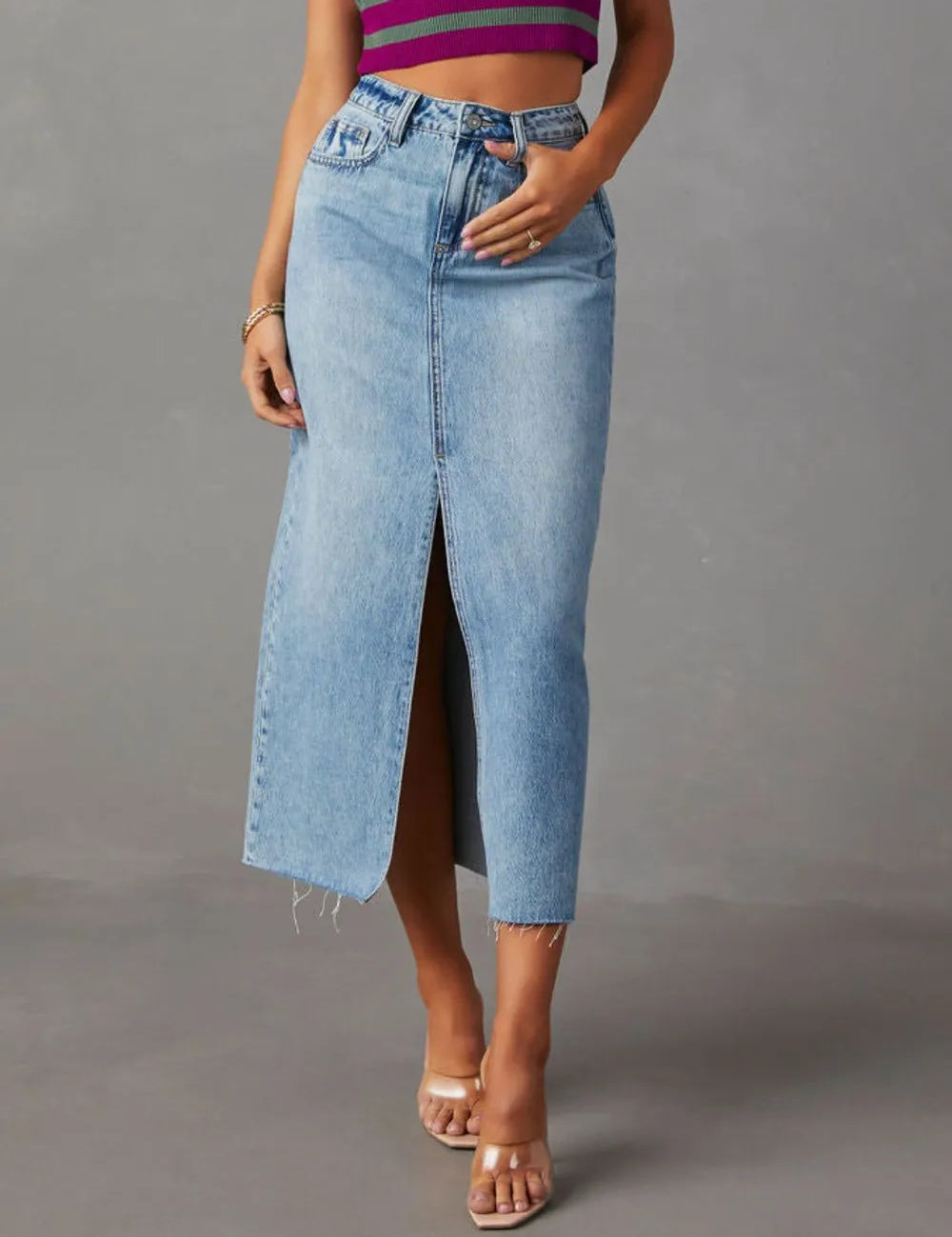 Light Raw Hem Front Slit Denim Midi Skirt | Skirt Daverri Fashions