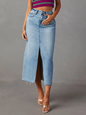 Light Raw Hem Front Slit Denim Midi Skirt | Skirt Daverri Fashions