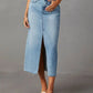 Raw Hem Front Slit Denim Midi Skirt - DAVERRI FASHIONS
