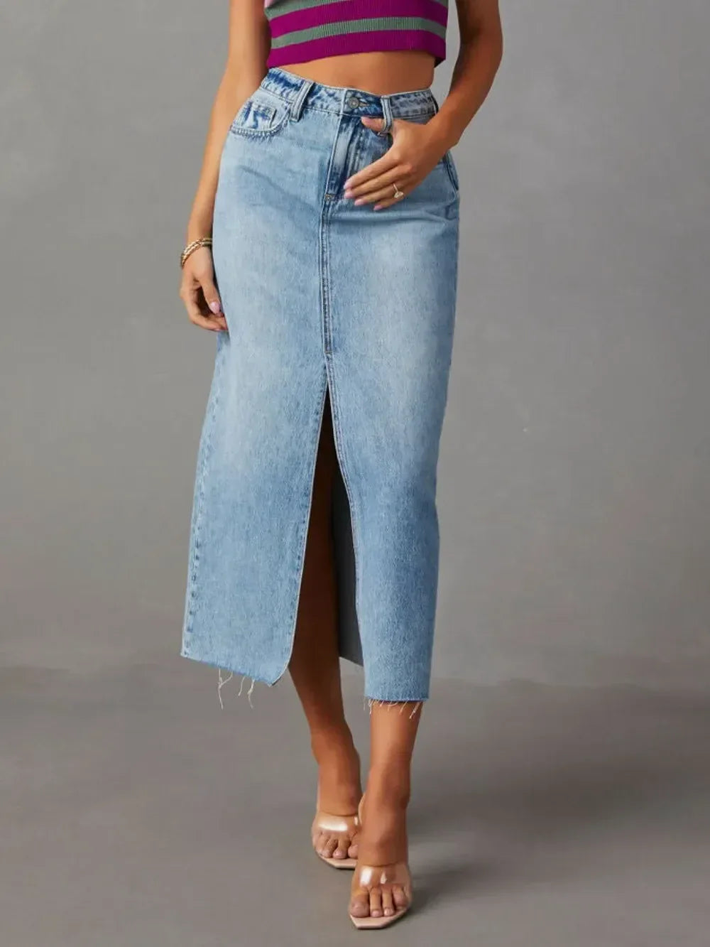 Raw Hem Front Slit Denim Midi Skirt - DAVERRI FASHIONS
