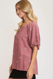 Umgee Full Size Linen Blend Ribbon Embroidered Top Plus Size | Daverri Fashions