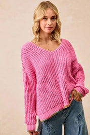 BiBi V-Neck Sweater with Colorful Trim | Daverri Fashions