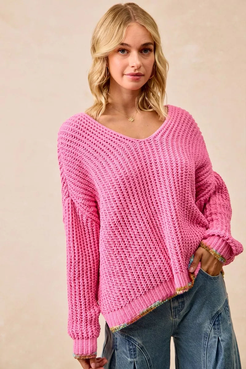 BiBi V-Neck Sweater with Colorful Trim | Daverri Fashions